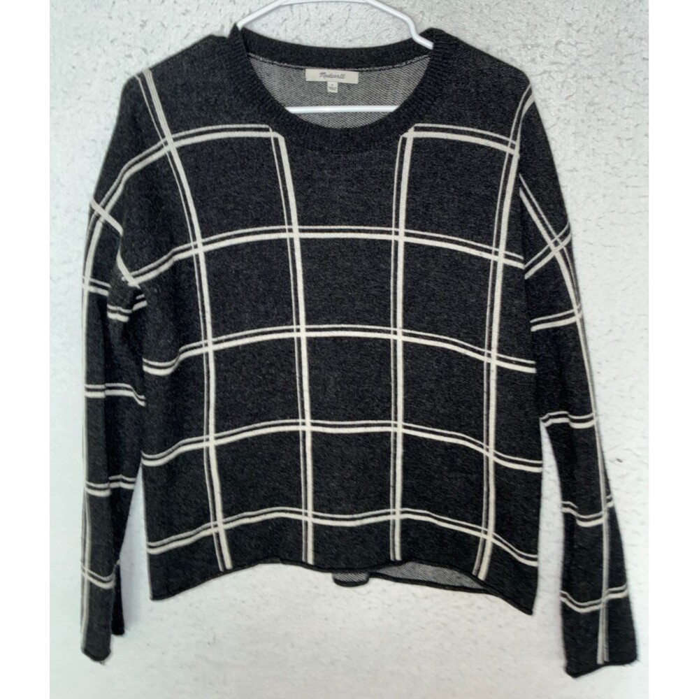 Madewell  Womens S Dark Gray White Windowpane Long Sleeve Crew Neck Wool Sweater